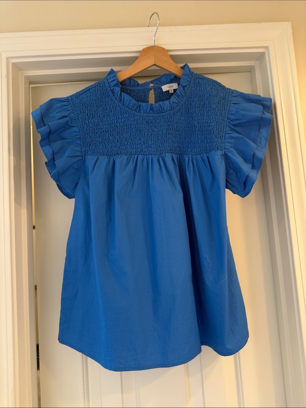 Blue Smocked Ruffle Sleeve Blouse